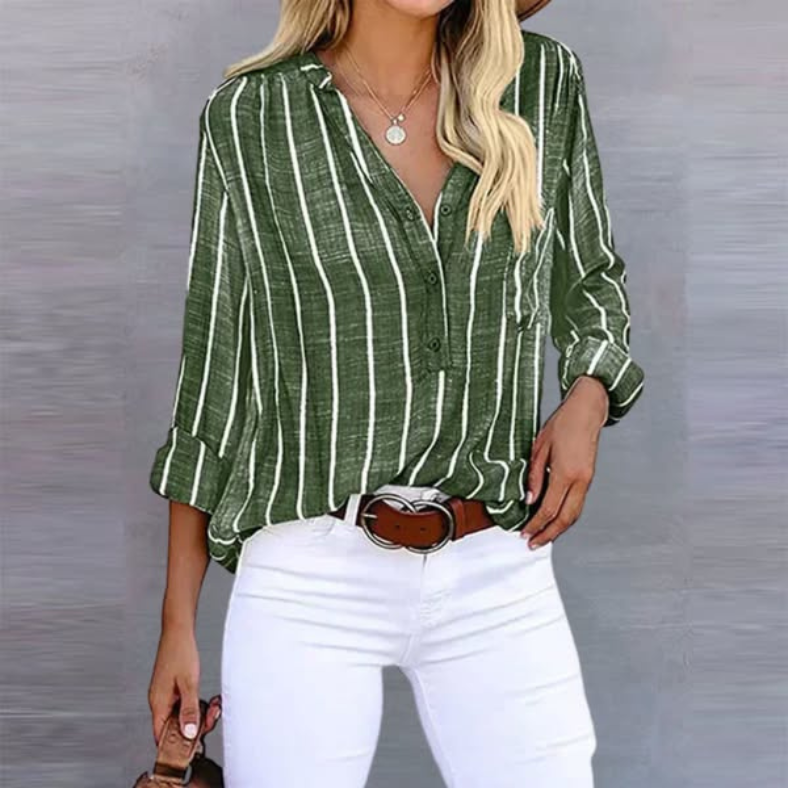 Striped Summer Blouse – V-Neck Button Front – Casual Chic Top