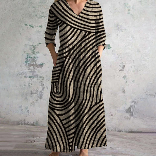 Vintage Stripe Maxi Dress – V-Neck Casual Long Dress – Women’s Relaxed Fit Dress