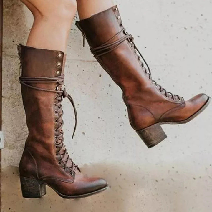 Women Knee-High Chunky Heel Boots – PU Leather, Lace-Up Style