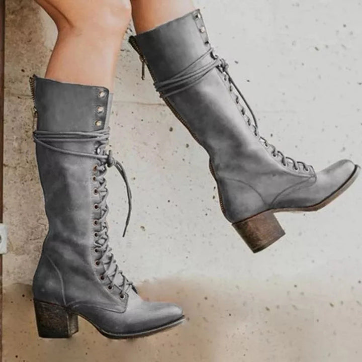Women Knee-High Chunky Heel Boots – PU Leather, Lace-Up Style