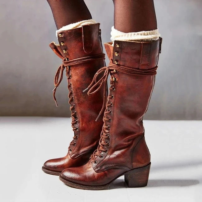 Women Knee-High Chunky Heel Boots – PU Leather, Lace-Up Style
