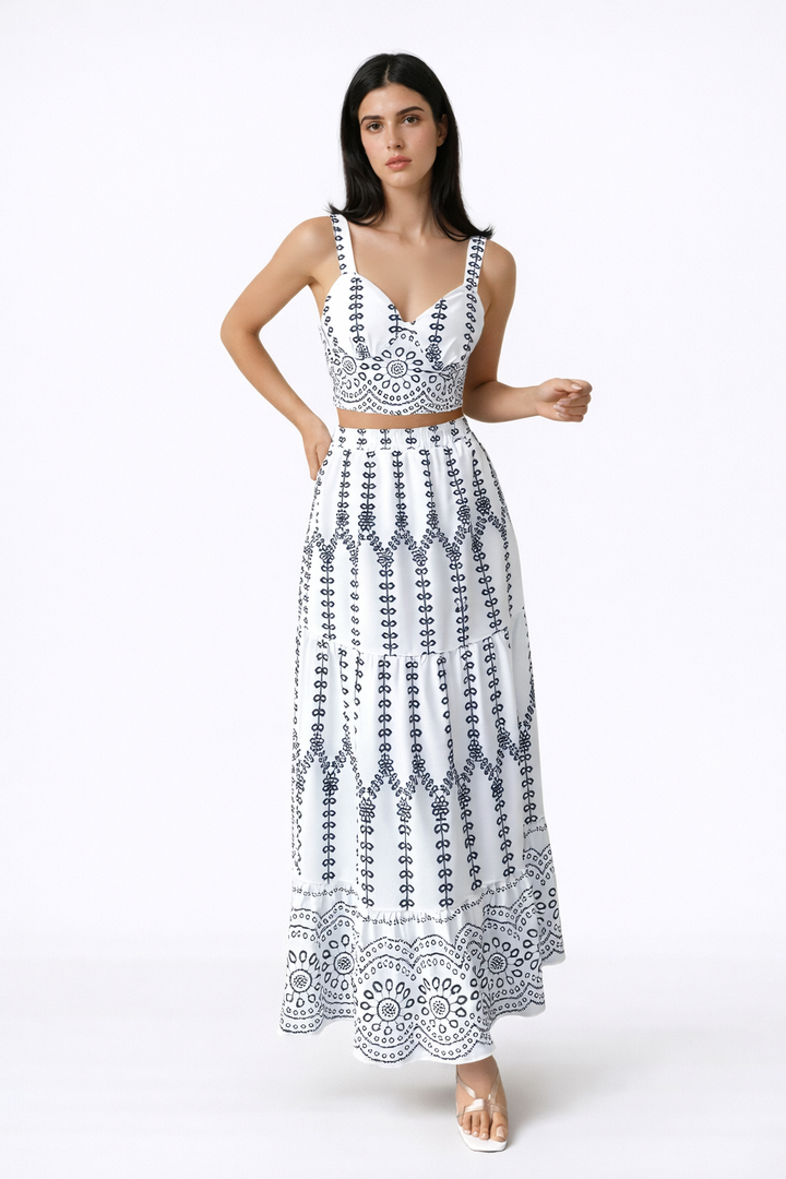 Two Piece Maxi Dress – Printed Crop Top – Vacation Set