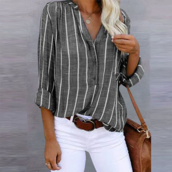 Striped Summer Blouse – V-Neck Button Front – Casual Chic Top