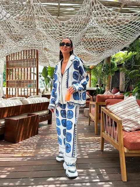 Two Piece Set – Blue Tile Print – Resort Chic