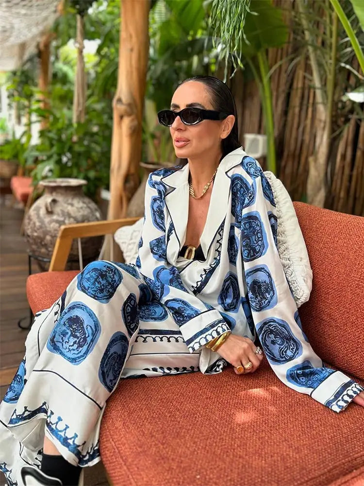 Two Piece Set – Blue Tile Print – Resort Chic