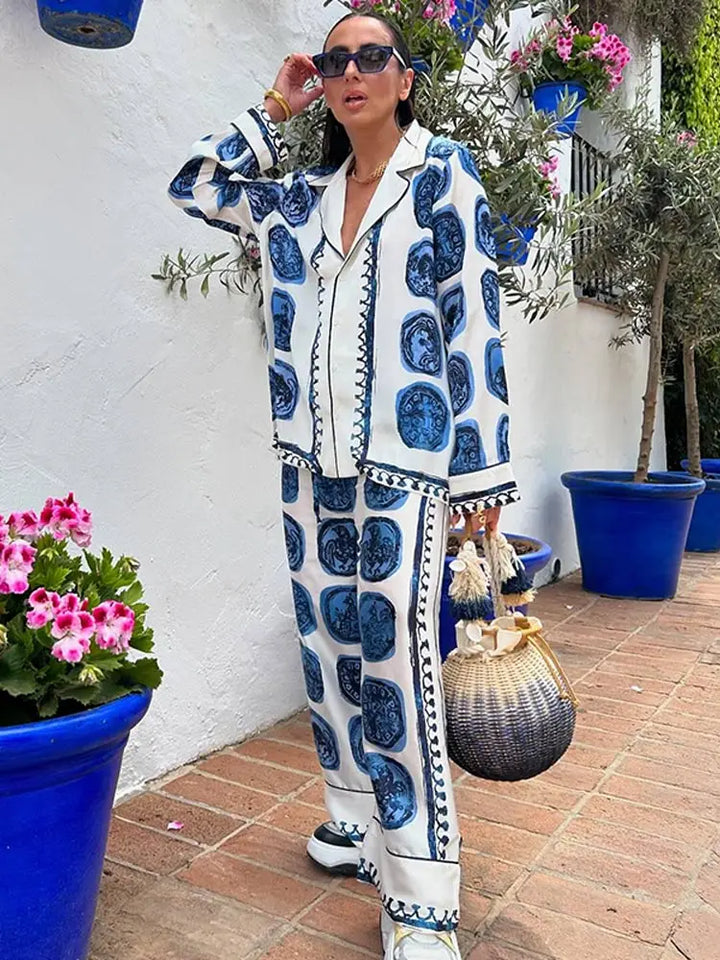 Two Piece Set – Blue Tile Print – Resort Chic