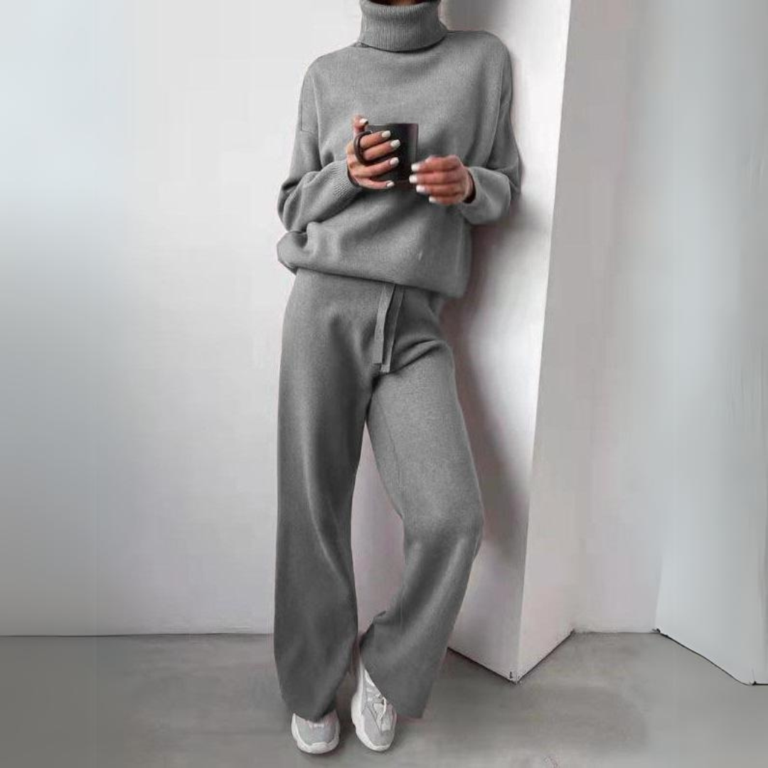 Women’s Knit Loungewear Set – Cozy Turtleneck & Wide-Leg Pants