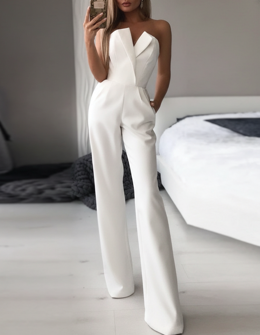 Strapless Tailored Jumpsuit – Elegant Wide-Leg Jumpsuit – Women’s Evening Outfit