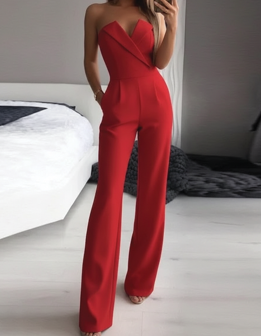 Strapless Tailored Jumpsuit – Elegant Wide-Leg Jumpsuit – Women’s Evening Outfit