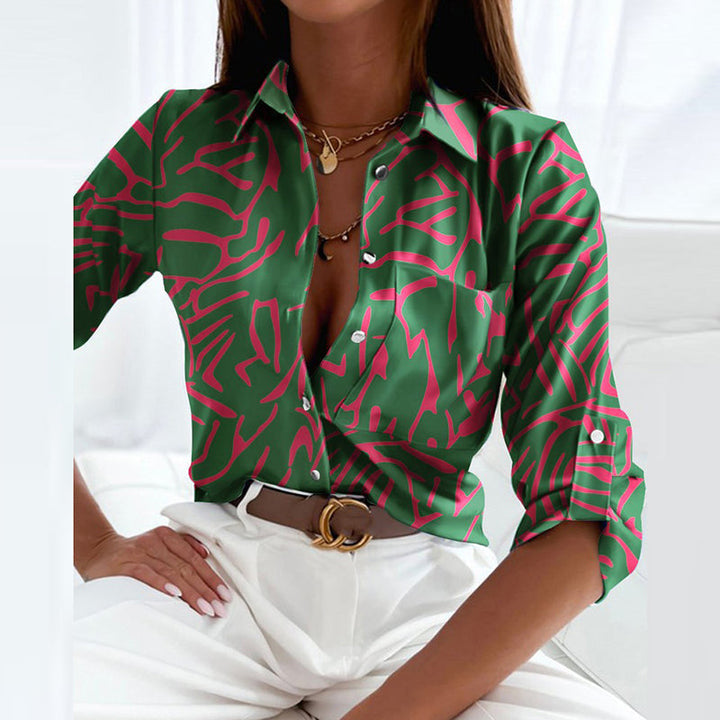 Women’s Printed Button Down Blouse – Elegant Collar – Chic Workwear