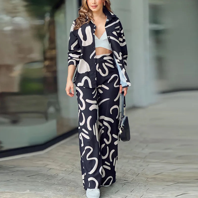 Two Piece Set – Abstract Print – Wide Leg Pants