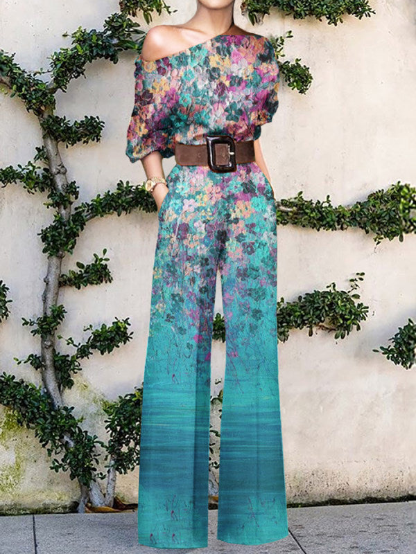 Artistic One-Shoulder Jumpsuit – Wide-Leg Statement Jumpsuit – Women’s Abstract Print Outfit