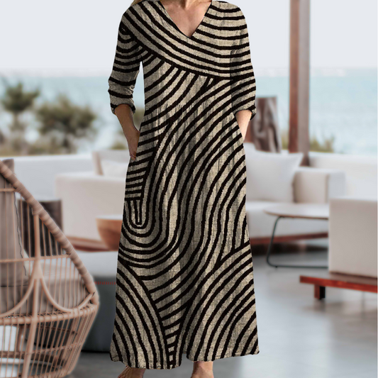 Vintage Stripe Maxi Dress – V-Neck Casual Long Dress – Women’s Relaxed Fit Dress