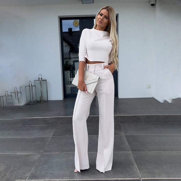 Women’s Two-Piece Pants Set – Cropped Top & Wide-Leg Tailoring