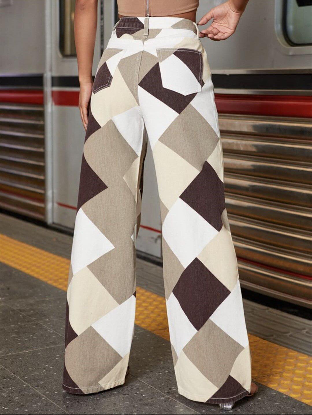 Women’s Geometric Wide Leg Denim Pants – High Waist Statement Trousers