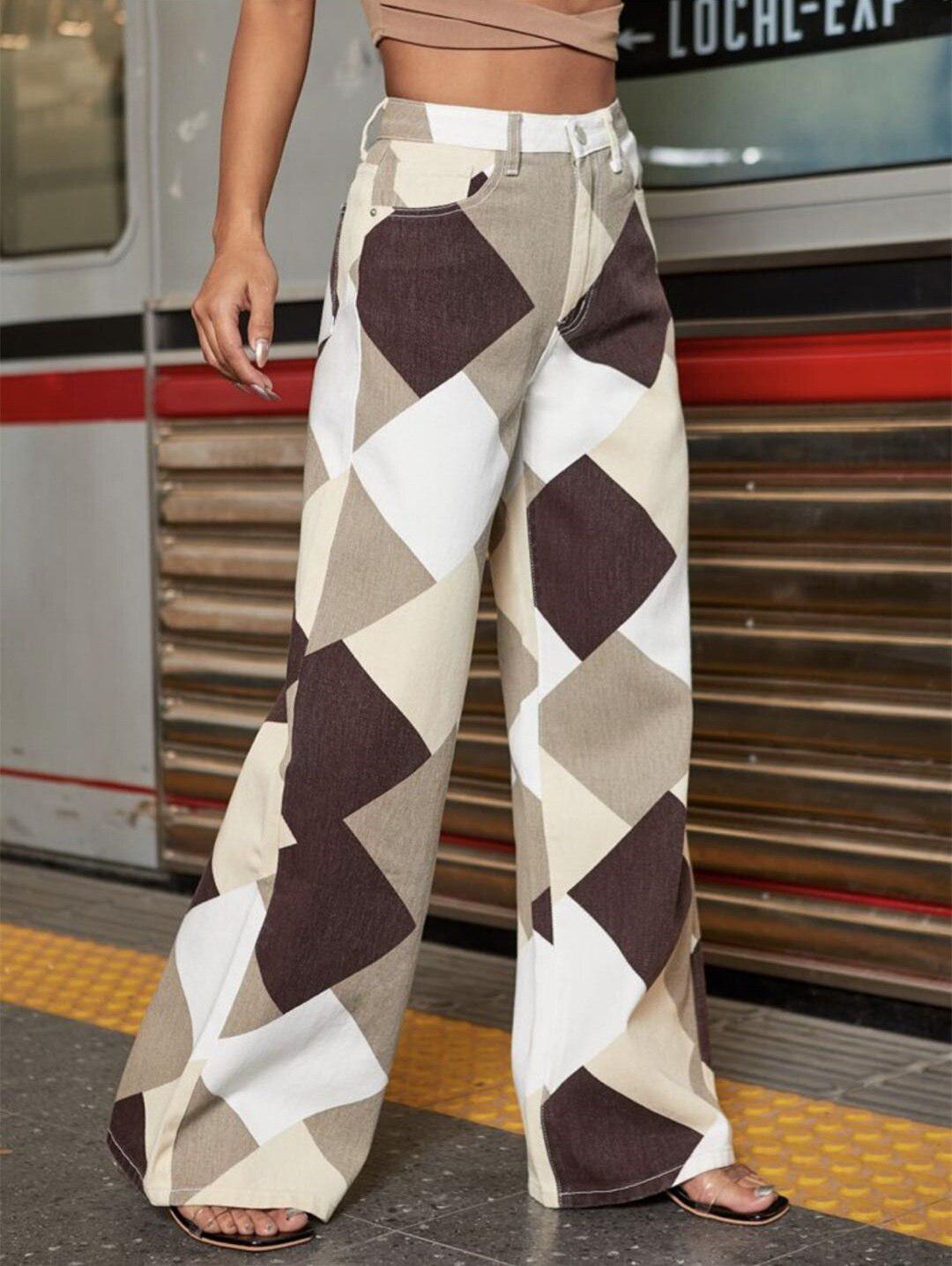 Women’s Geometric Wide Leg Denim Pants – High Waist Statement Trousers