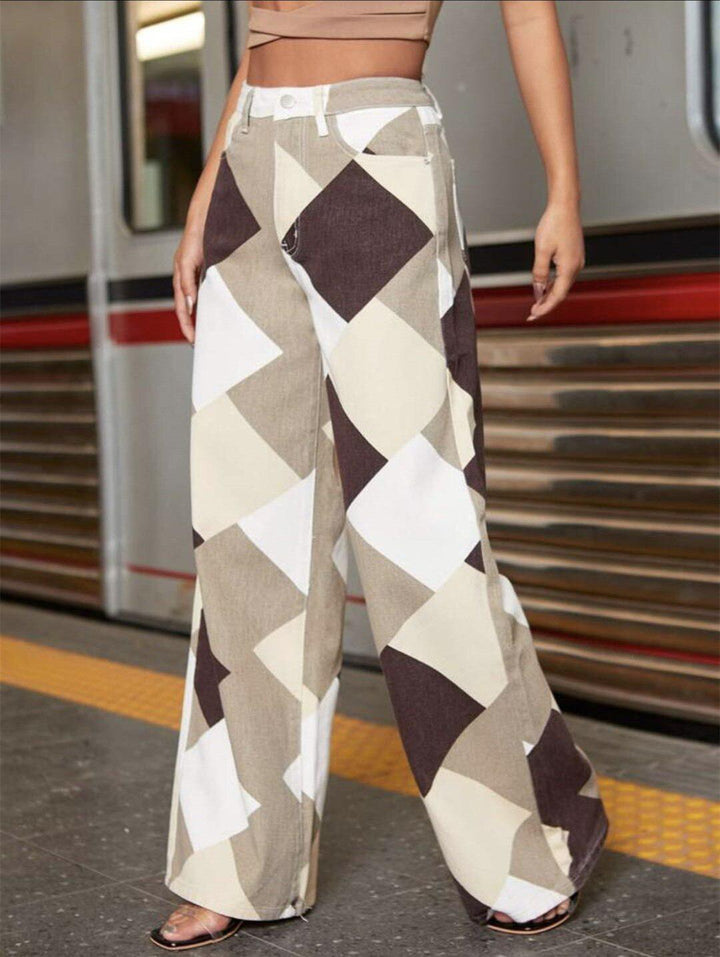 Women’s Geometric Wide Leg Denim Pants – High Waist Statement Trousers