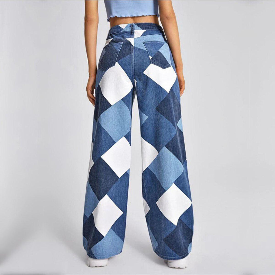 Women’s Geometric Wide Leg Denim Pants – High Waist Statement Trousers