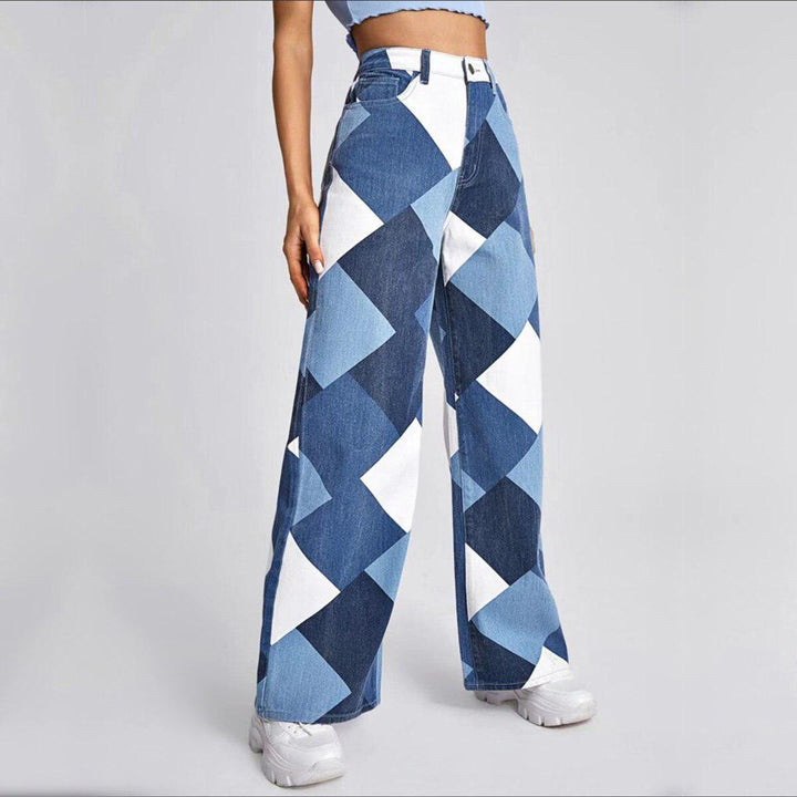 Women’s Geometric Wide Leg Denim Pants – High Waist Statement Trousers