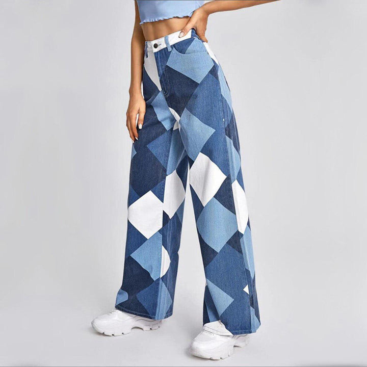 Women’s Geometric Wide Leg Denim Pants – High Waist Statement Trousers