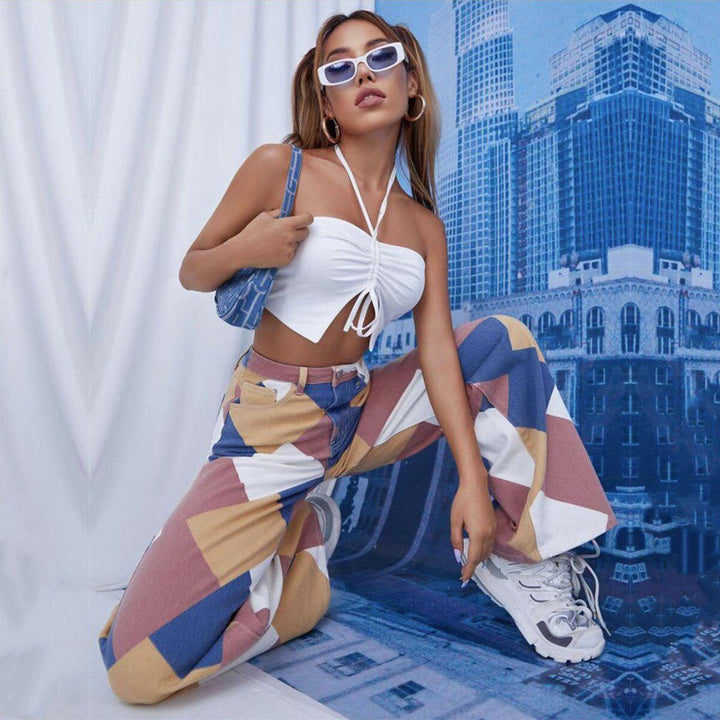 Women’s Geometric Wide Leg Denim Pants – High Waist Statement Trousers