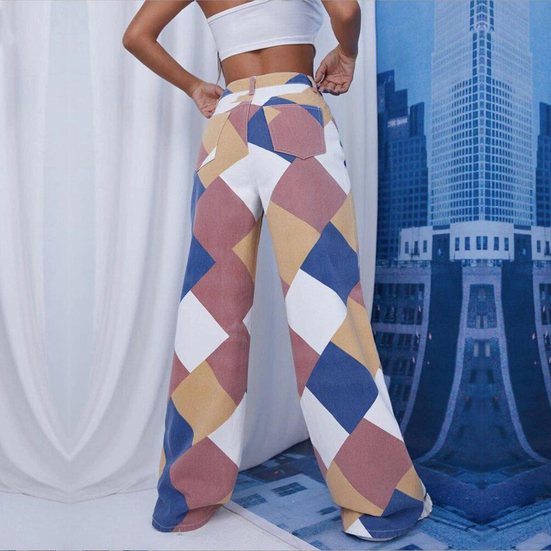 Women’s Geometric Wide Leg Denim Pants – High Waist Statement Trousers