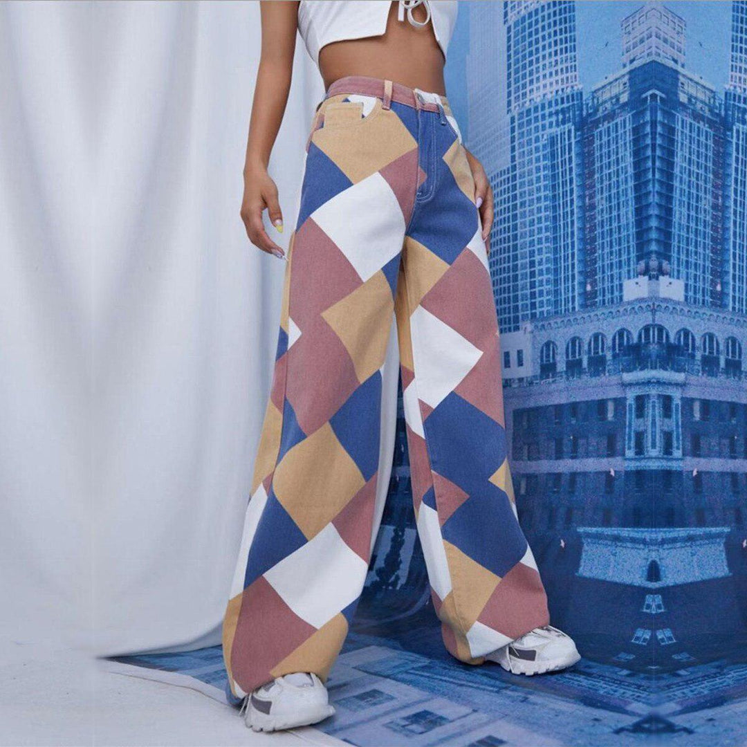 Women’s Geometric Wide Leg Denim Pants – High Waist Statement Trousers
