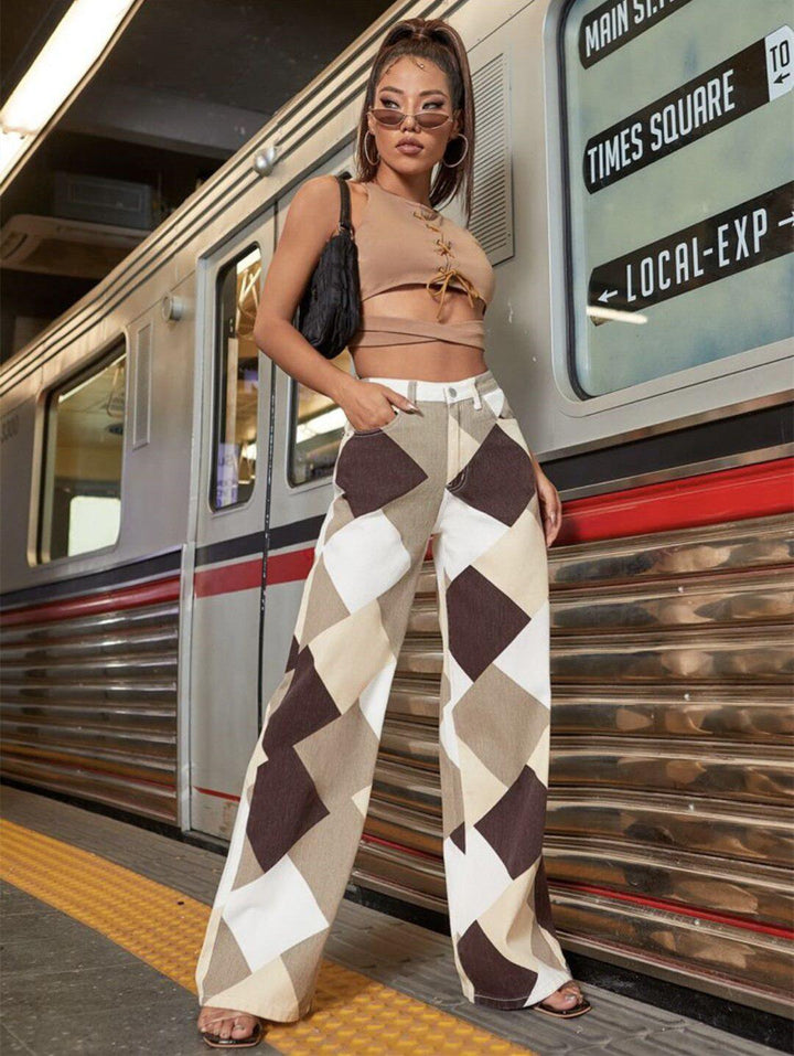 Women’s Geometric Wide Leg Denim Pants – High Waist Statement Trousers