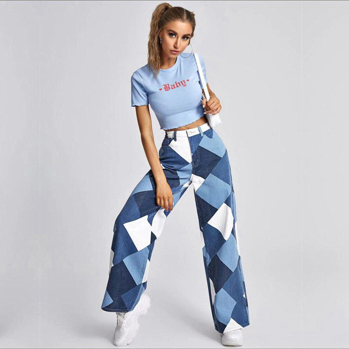 Women’s Geometric Wide Leg Denim Pants – High Waist Statement Trousers
