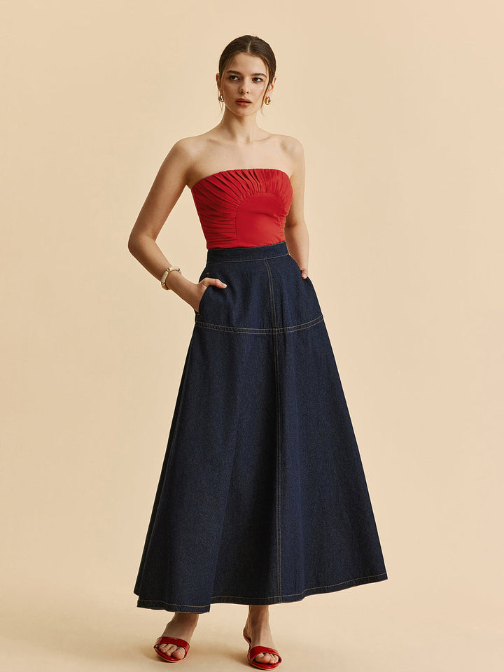 Denim Maxi Skirt – Mid Waist – Invisible Zipper Closure