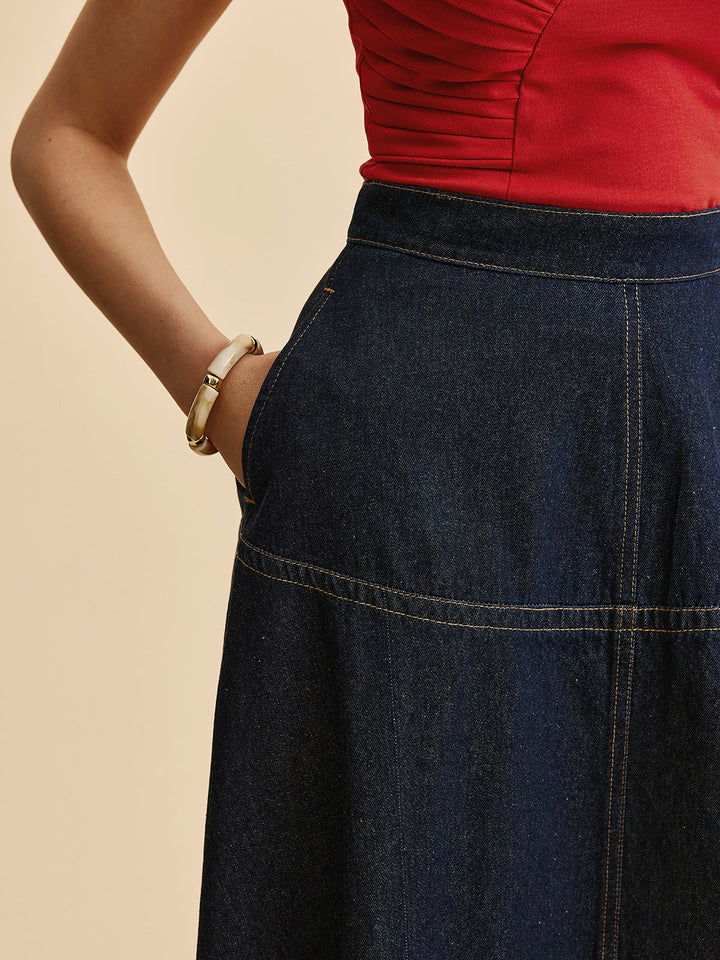 Denim Maxi Skirt – Mid Waist – Invisible Zipper Closure