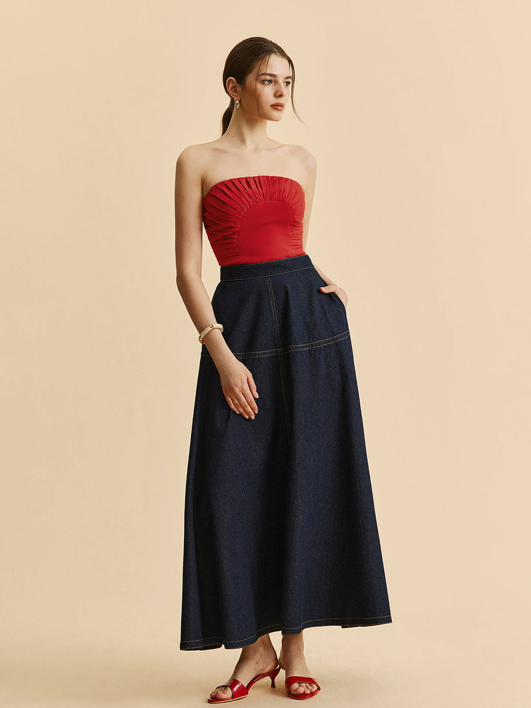 Denim Maxi Skirt – Mid Waist – Invisible Zipper Closure