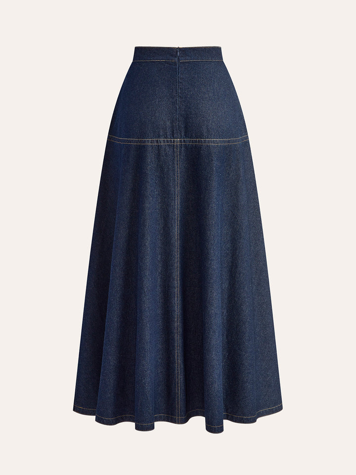 Denim Maxi Skirt – Mid Waist – Invisible Zipper Closure