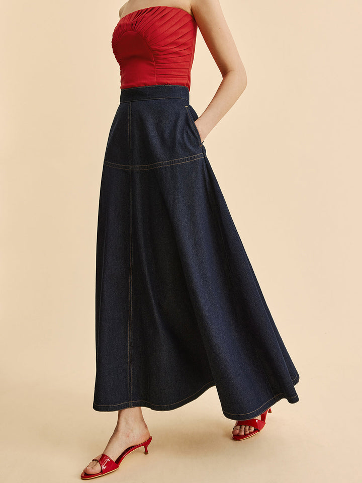 Denim Maxi Skirt – Mid Waist – Invisible Zipper Closure