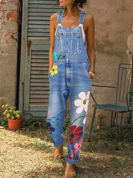Denim Overalls – Floral Print – Casual Chic