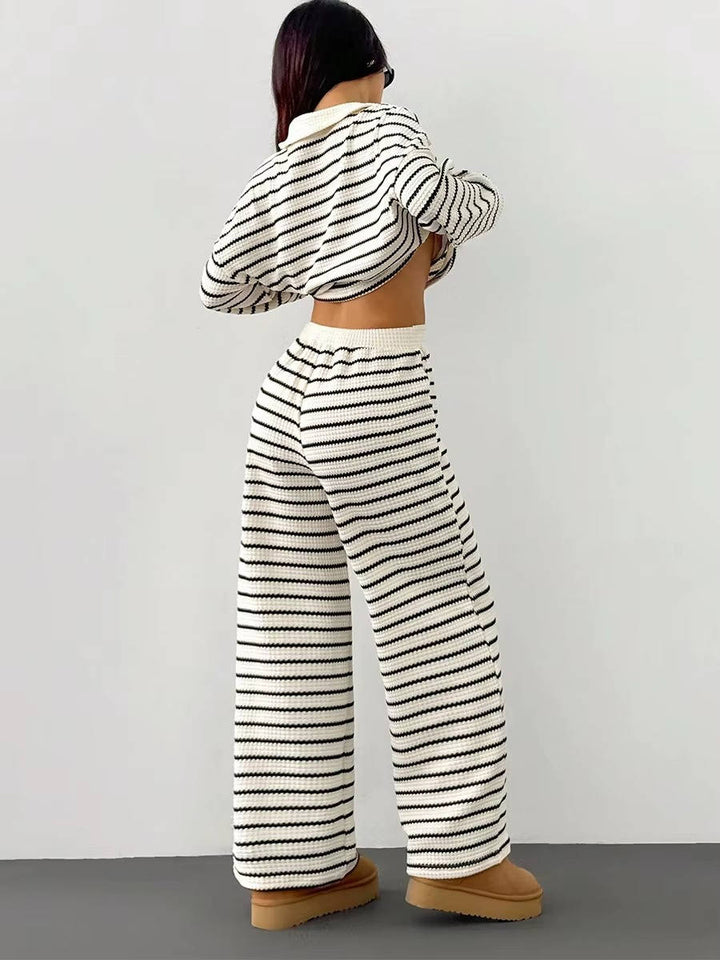 Two Piece Knit Set – Polo Collar – Wide Leg Pants