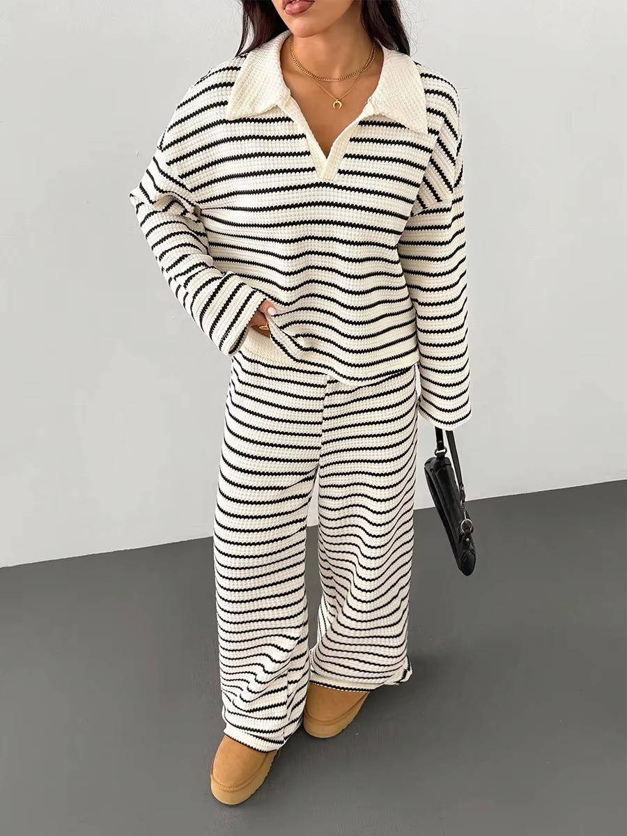 Two Piece Knit Set – Polo Collar – Wide Leg Pants