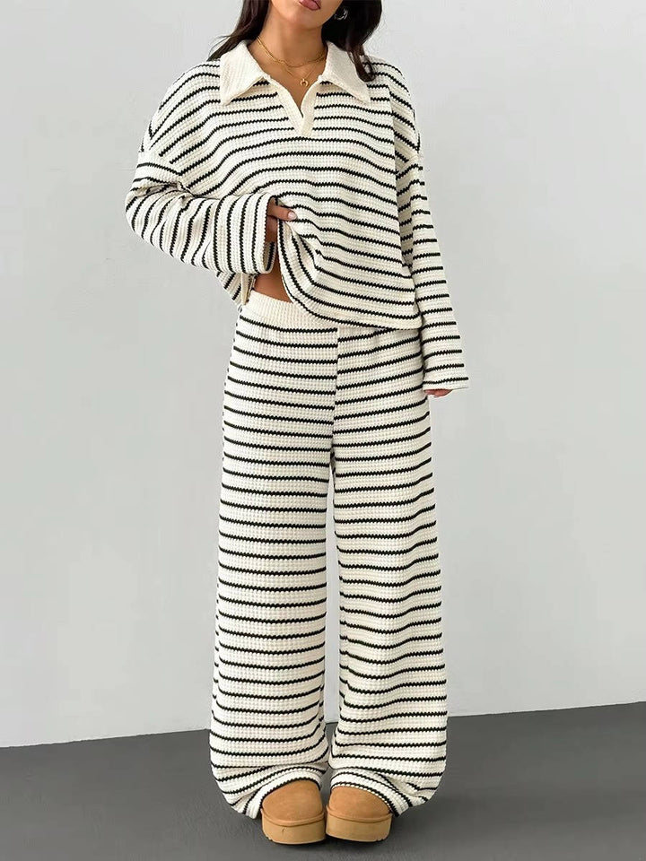 Two Piece Knit Set – Polo Collar – Wide Leg Pants