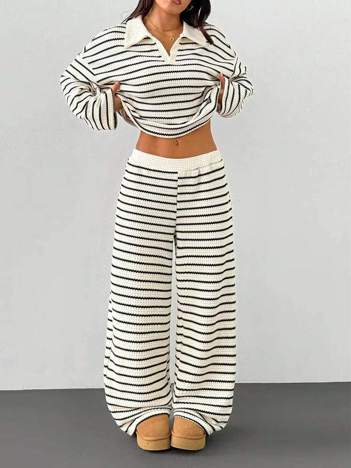Two Piece Knit Set – Polo Collar – Wide Leg Pants