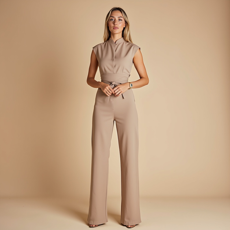 Women’s Wide-Leg Jumpsuit – Sleek Belted Waist & Modern Neckline
