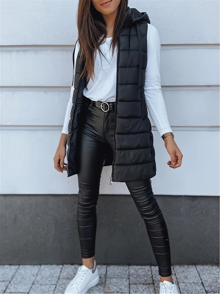 Women Autumn–Winter Casual Quilted Hooded Long Bodywarmer