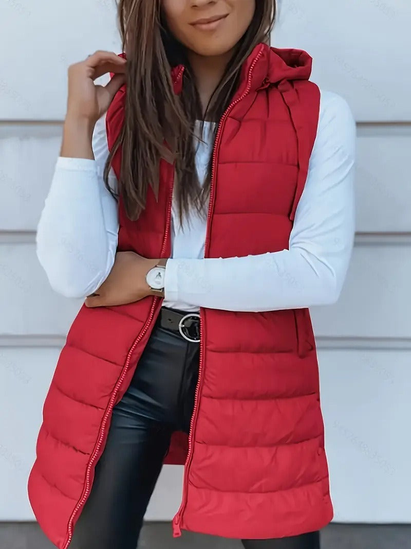 Women Autumn–Winter Casual Quilted Hooded Long Bodywarmer