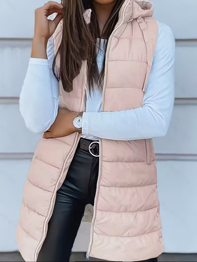 Women Autumn–Winter Casual Quilted Hooded Long Bodywarmer