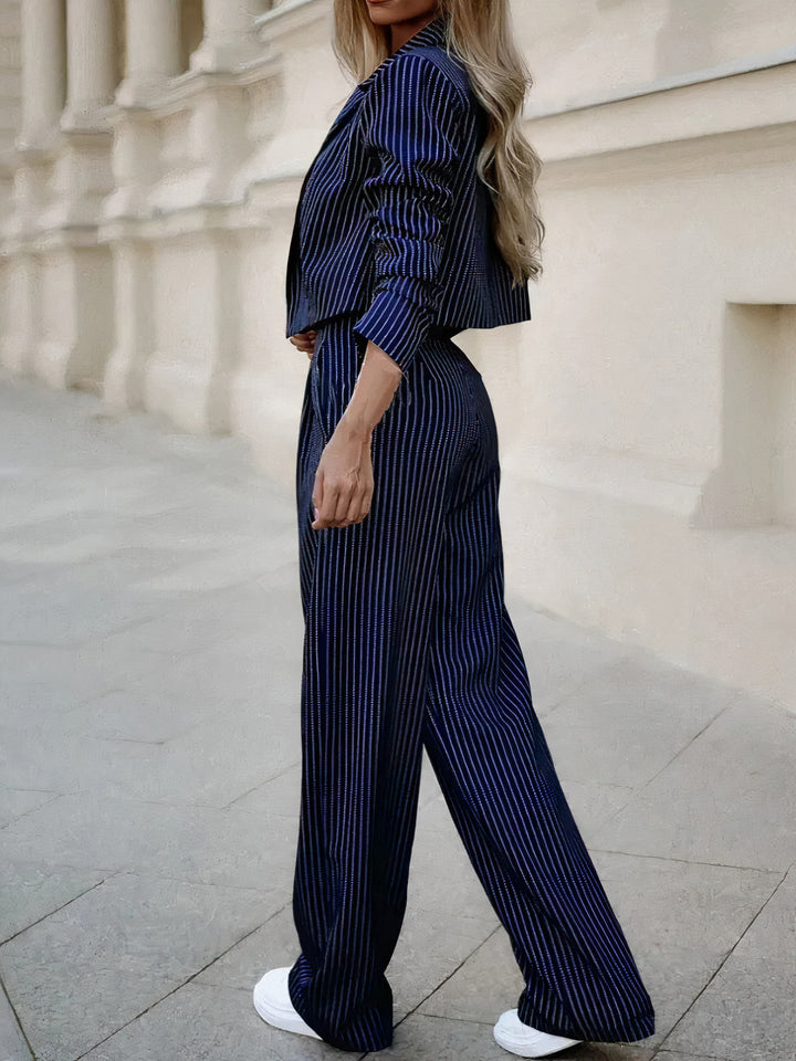 Women’s Striped Blazer and Wide Leg Pants Set – Elegant Two Piece Suit