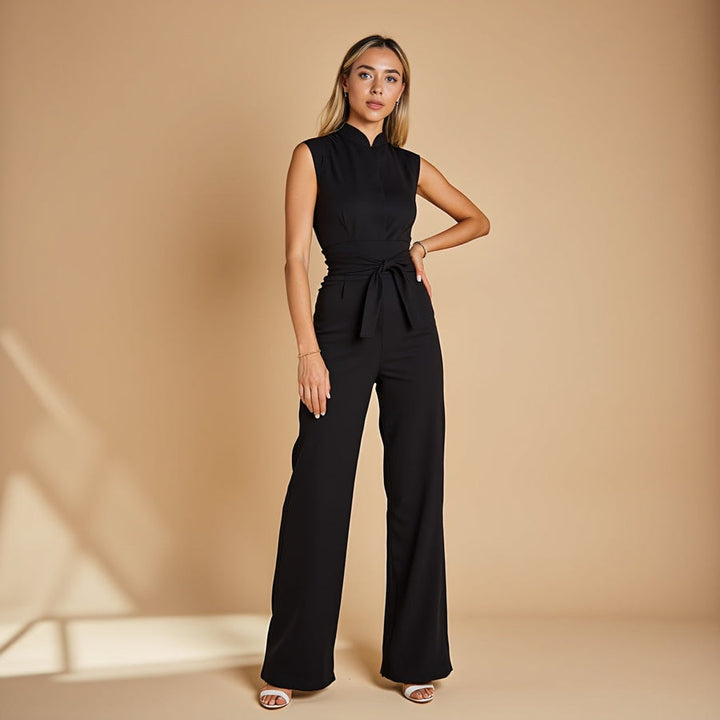 Women’s Wide-Leg Jumpsuit – Sleek Belted Waist & Modern Neckline
