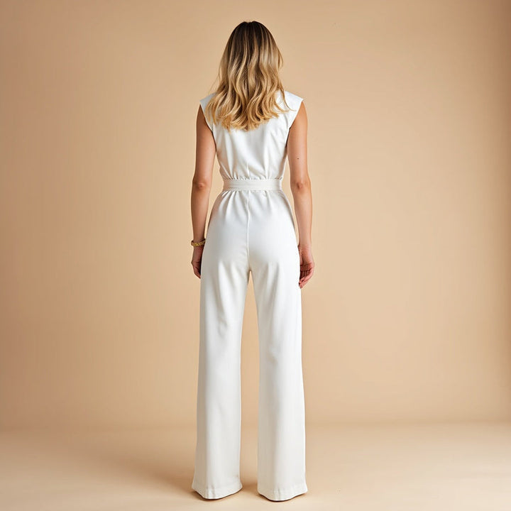 Women’s Wide-Leg Jumpsuit – Sleek Belted Waist & Modern Neckline