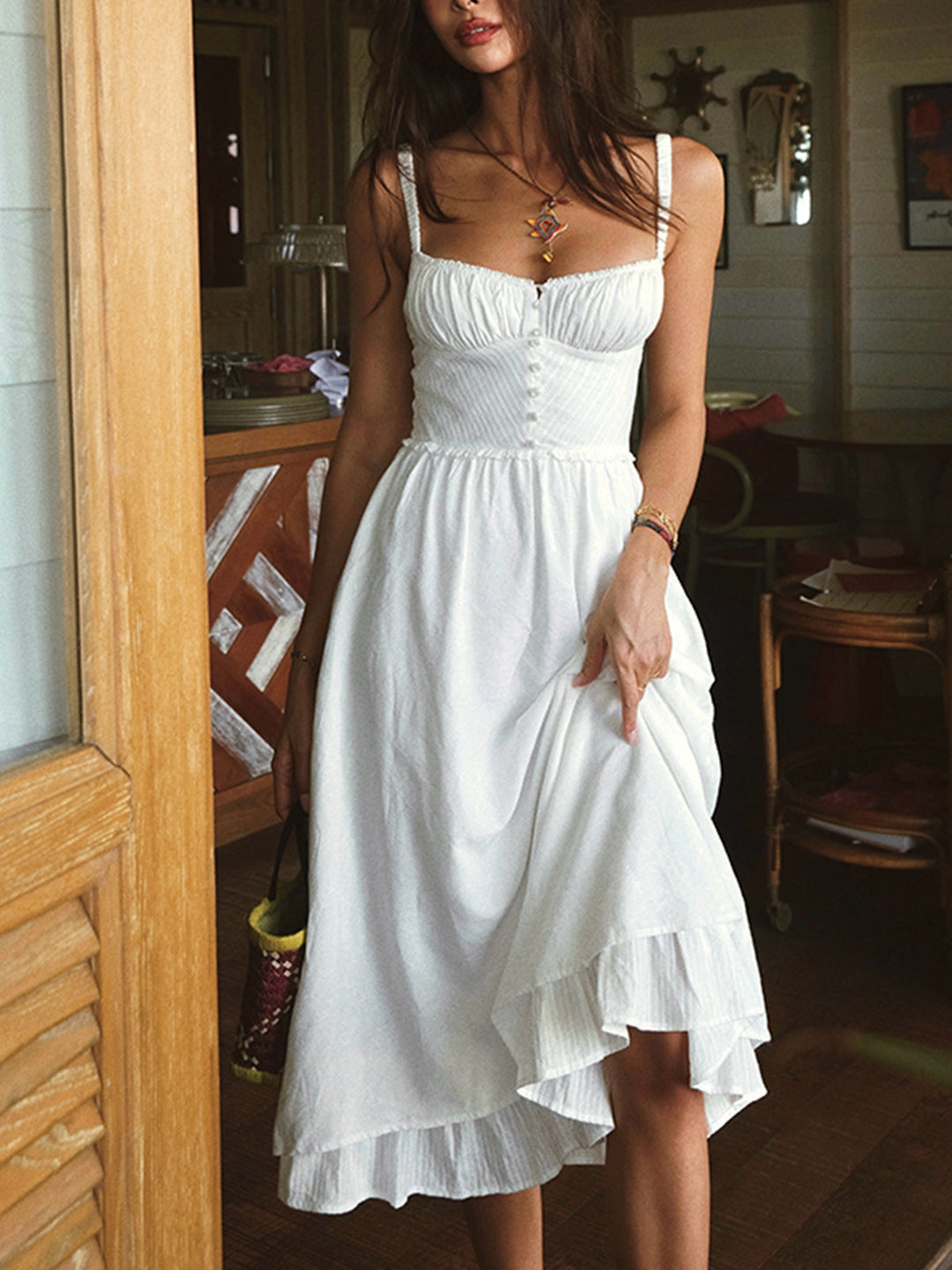 White Midi Dress – Ruched Bodice – Romantic Summer