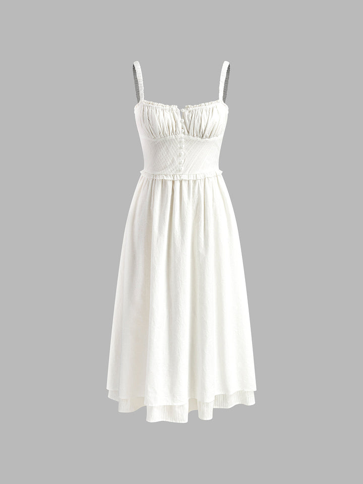 White Midi Dress – Ruched Bodice – Romantic Summer