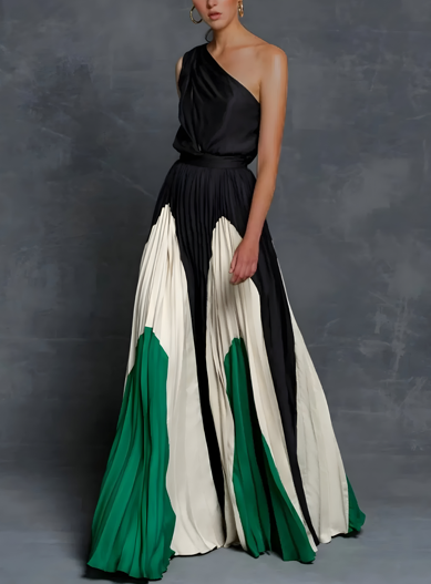 Women Formal Evening Asymmetrical Pleated Maxi Dress – Sculpted Elegance – Statement Pleated Design