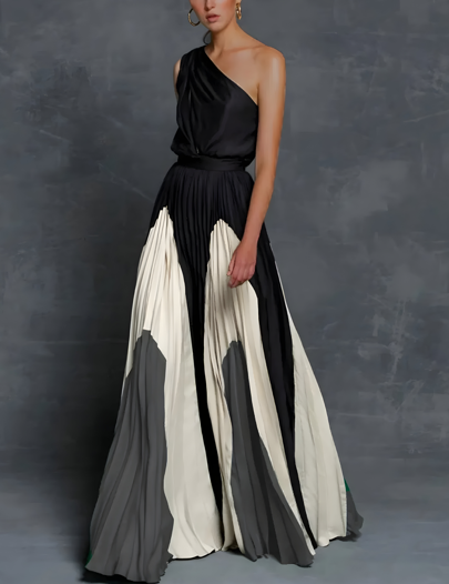 Women Formal Evening Asymmetrical Pleated Maxi Dress – Sculpted Elegance – Statement Pleated Design